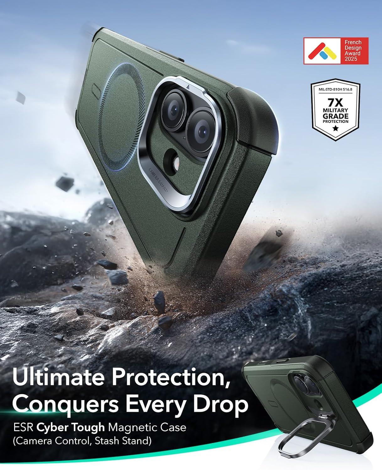 imageESR for iPhone 13 Pro Case with Stand 23 ft MilitaryGrade Drop Protection Heavy Duty Magnetic Phone Case Compatible with MagSafe Accessories Cyber Series BlackACamera ControlGreen