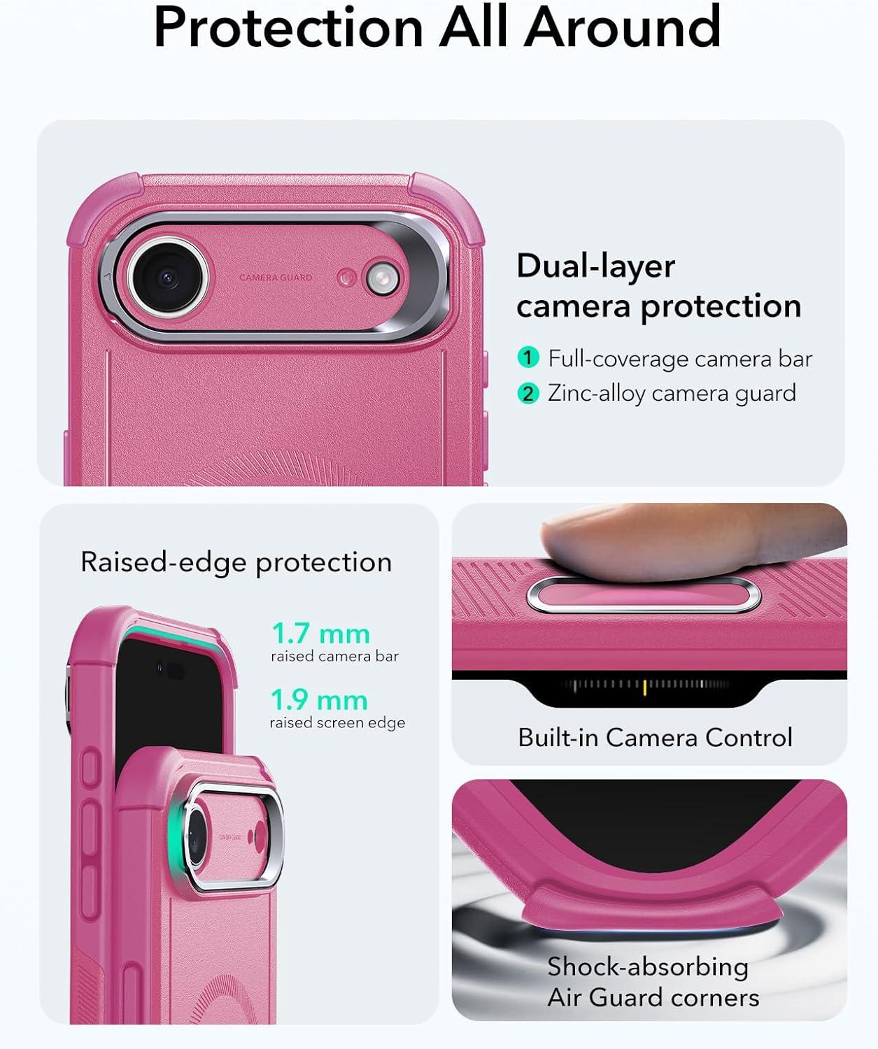 imageESR for iPhone 13 Pro Case with Stand 23 ft MilitaryGrade Drop Protection Heavy Duty Magnetic Phone Case Compatible with MagSafe Accessories Cyber Series BlackACamera ControlPink