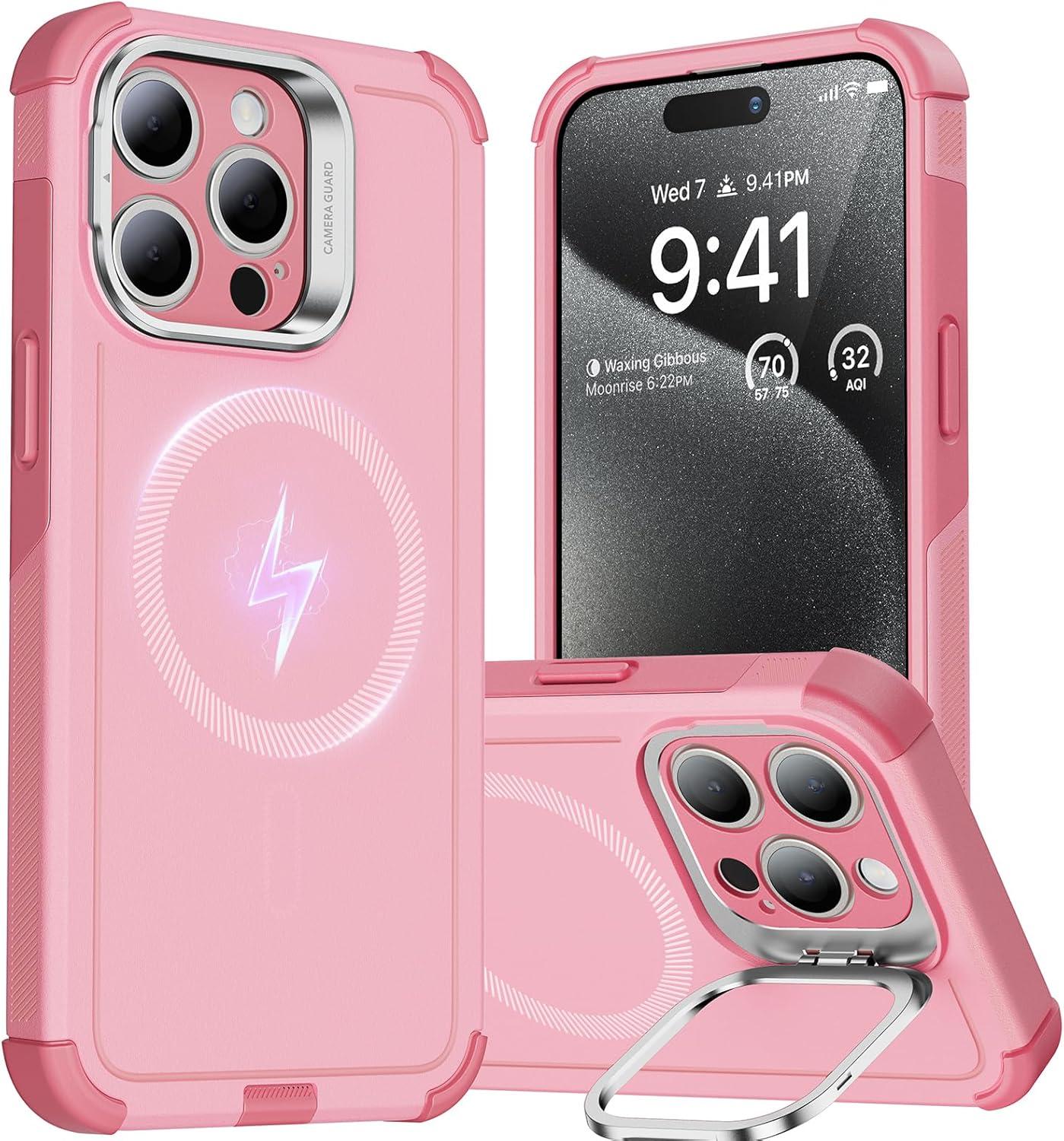 imageESR for iPhone 13 Pro Case with Stand 23 ft MilitaryGrade Drop Protection Heavy Duty Magnetic Phone Case Compatible with MagSafe Accessories Cyber Series BlackMagnetic StandPink