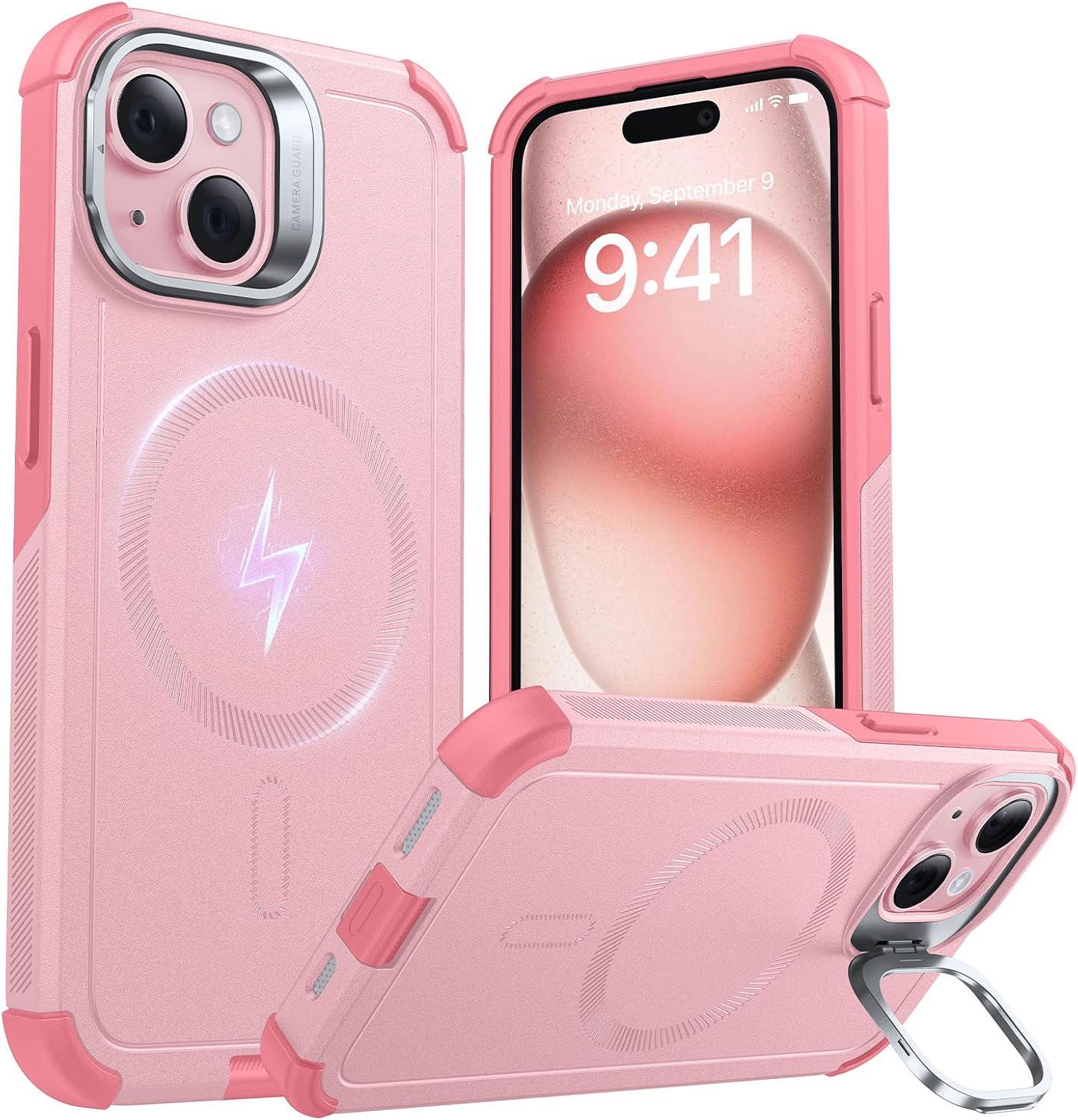 imageESR for iPhone 13 Pro Case with Stand 23 ft MilitaryGrade Drop Protection Heavy Duty Magnetic Phone Case Compatible with MagSafe Accessories Cyber Series BlackMagnetic StandPink