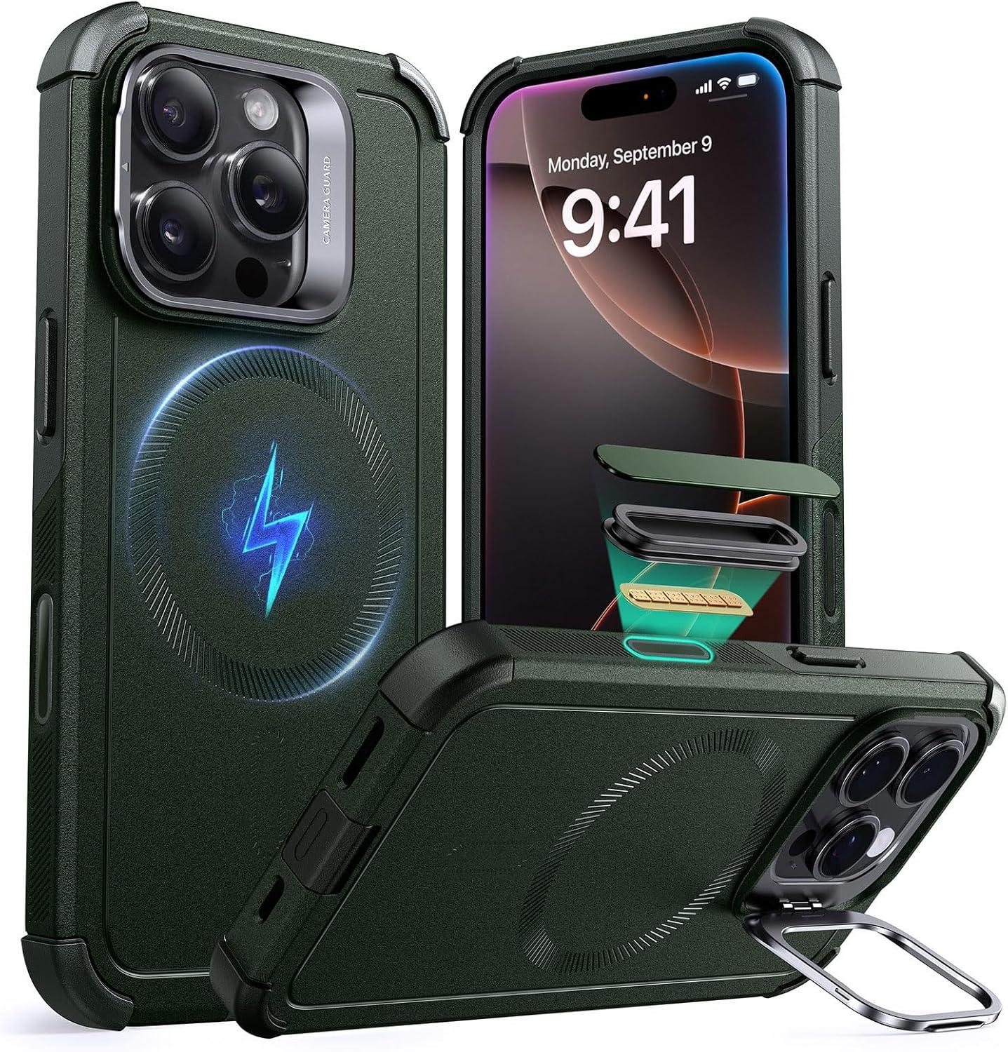 imageESR for iPhone 13 Pro Case with Stand 23 ft MilitaryGrade Drop Protection Heavy Duty Magnetic Phone Case Compatible with MagSafe Accessories Cyber Series BlackACamera ControlGreen