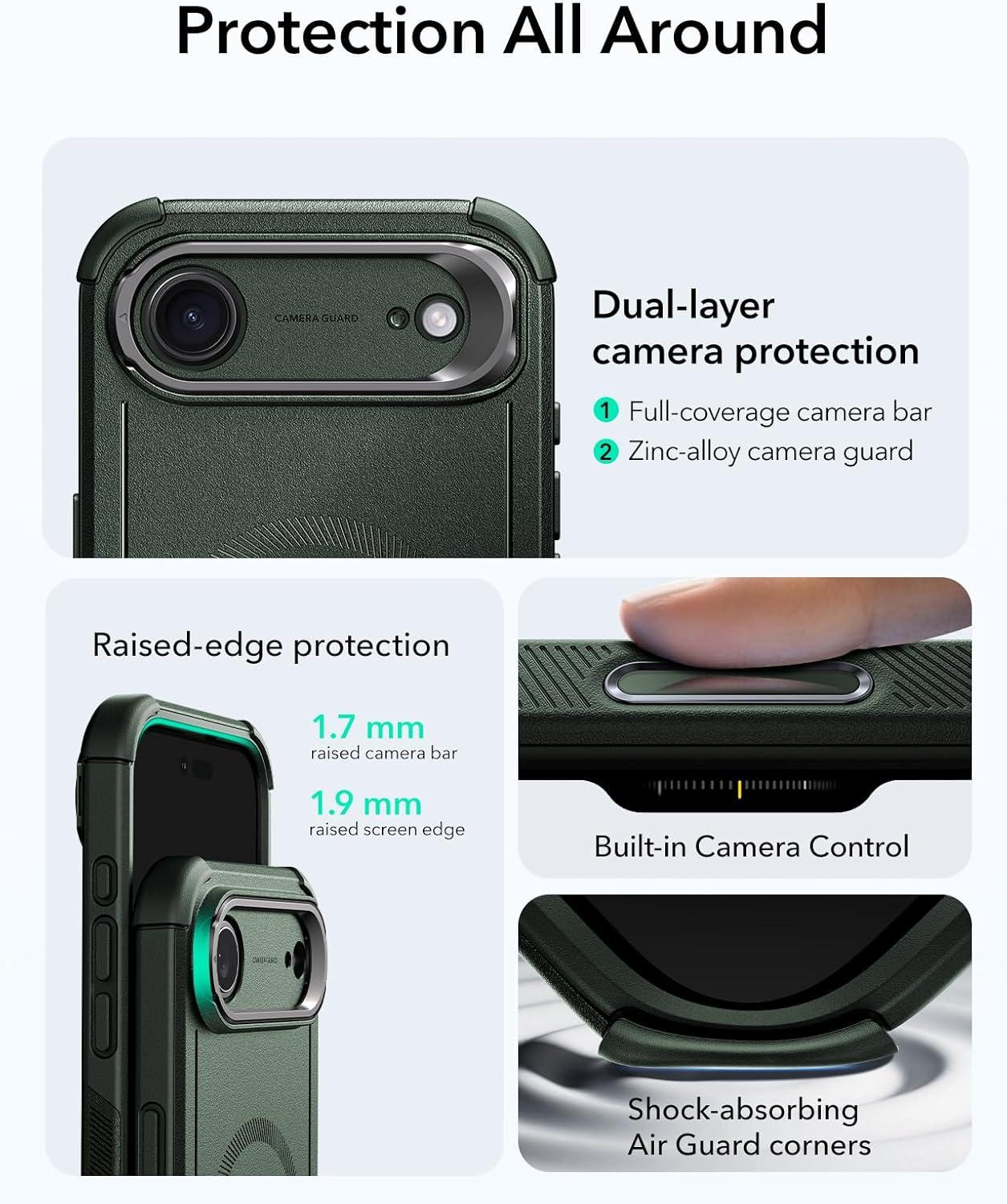 imageESR for iPhone 13 Pro Case with Stand 23 ft MilitaryGrade Drop Protection Heavy Duty Magnetic Phone Case Compatible with MagSafe Accessories Cyber Series BlackACamera ControlGreen