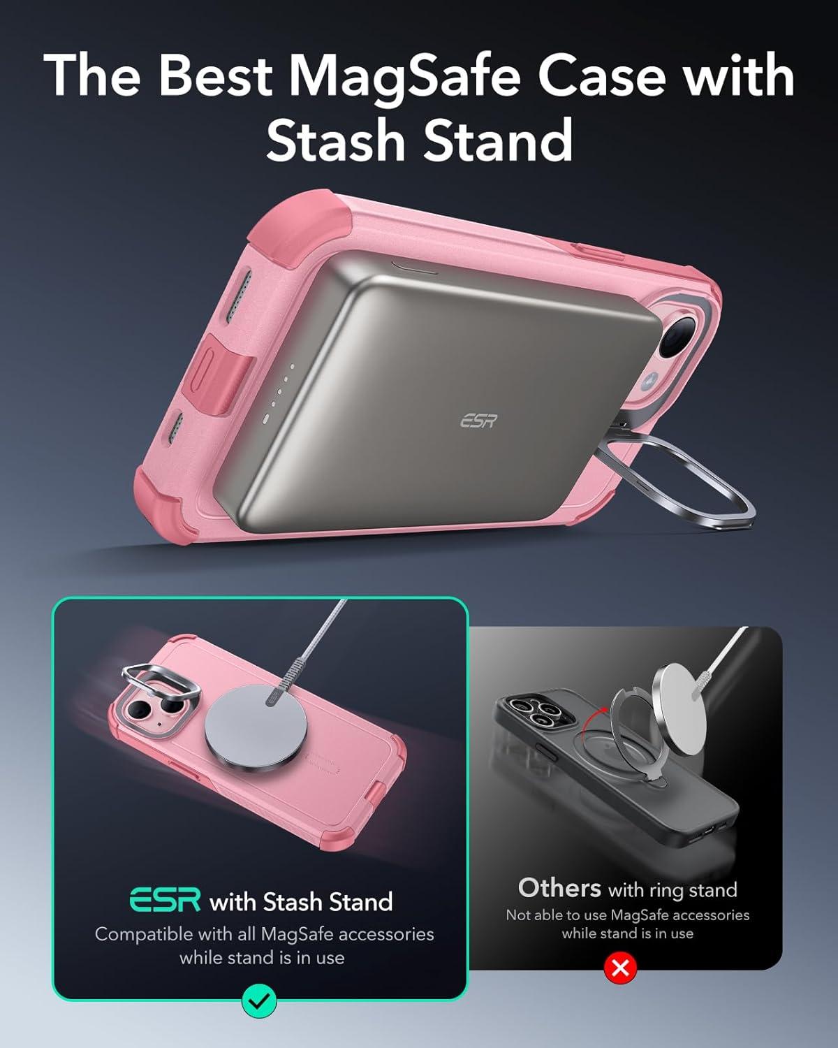 imageESR for iPhone 13 Pro Case with Stand 23 ft MilitaryGrade Drop Protection Heavy Duty Magnetic Phone Case Compatible with MagSafe Accessories Cyber Series BlackMagnetic StandPink