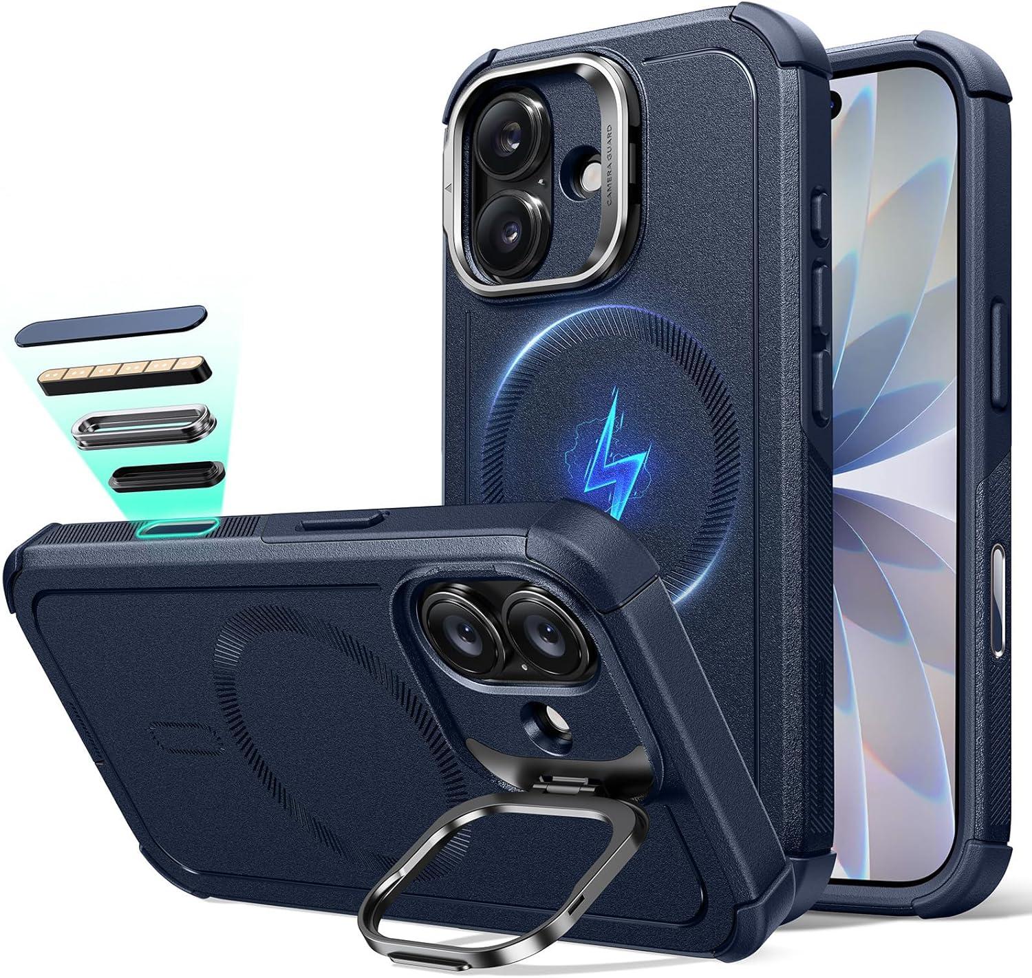 imageESR for iPhone 13 Pro Case with Stand 23 ft MilitaryGrade Drop Protection Heavy Duty Magnetic Phone Case Compatible with MagSafe Accessories Cyber Series BlackACamera ControlNavy Blue