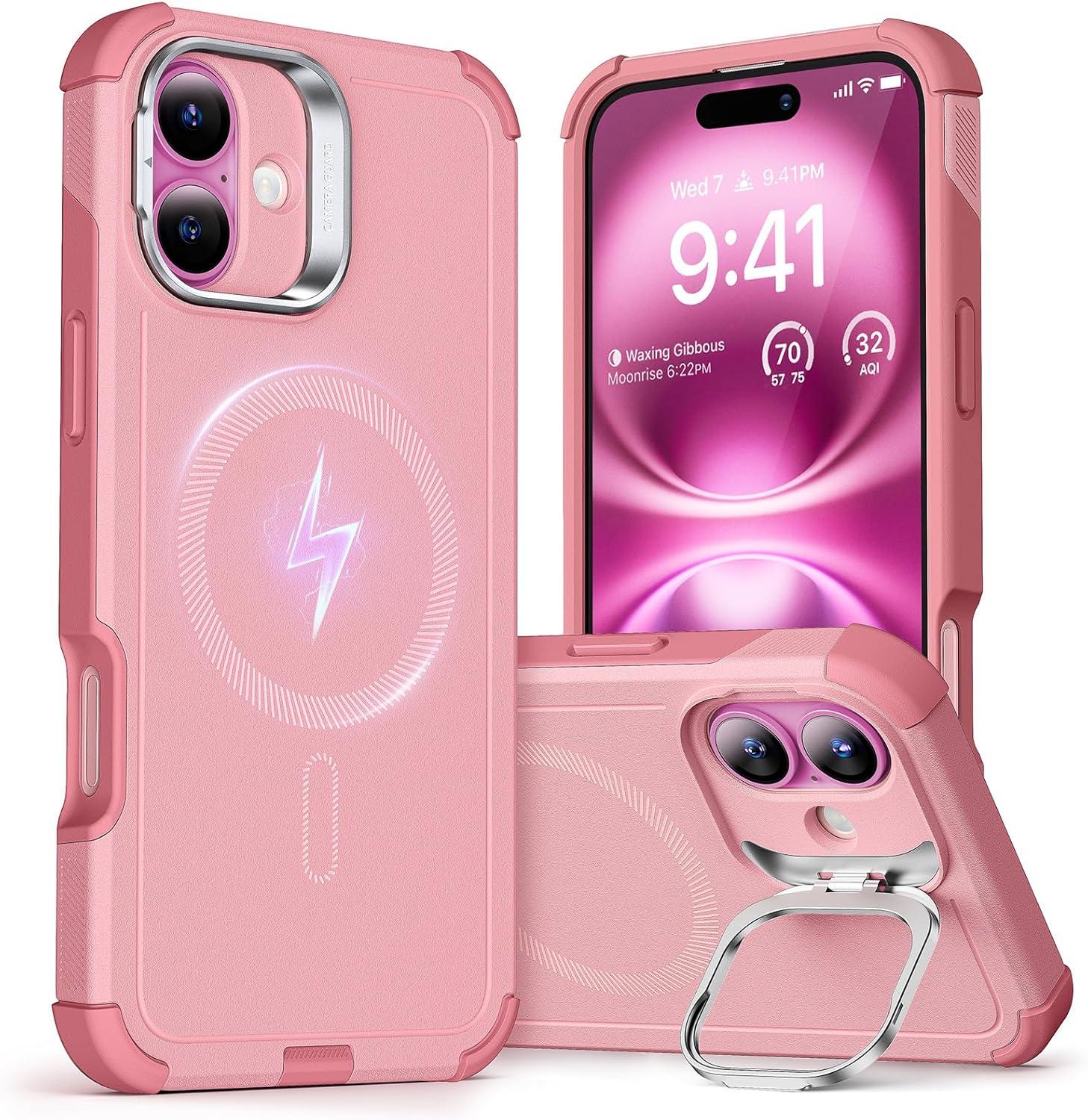 imageESR for iPhone 13 Pro Case with Stand 23 ft MilitaryGrade Drop Protection Heavy Duty Magnetic Phone Case Compatible with MagSafe Accessories Cyber Series BlackMagnetic StandPink