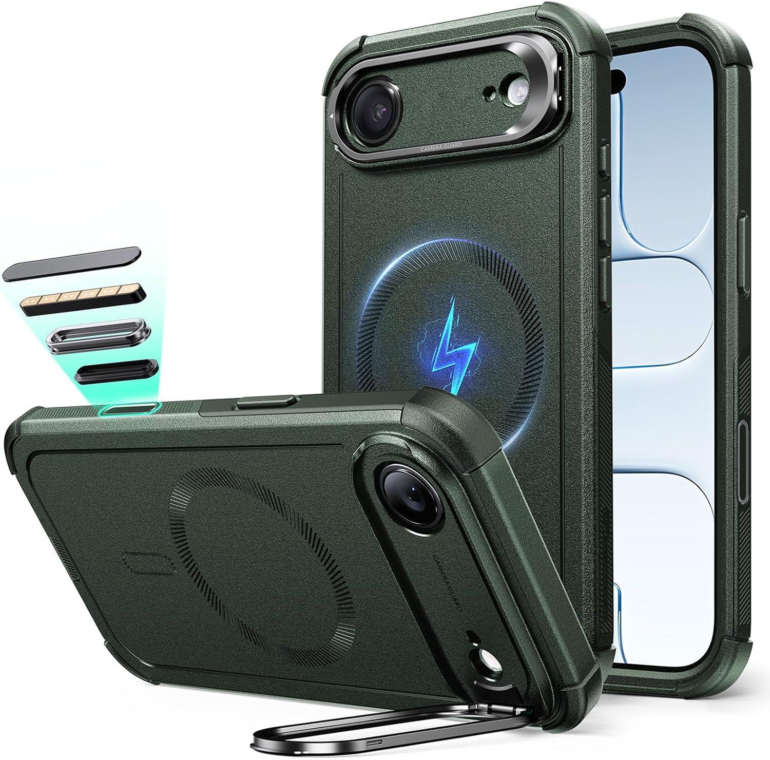imageESR for iPhone 13 Pro Case with Stand 23 ft MilitaryGrade Drop Protection Heavy Duty Magnetic Phone Case Compatible with MagSafe Accessories Cyber Series BlackACamera ControlGreen