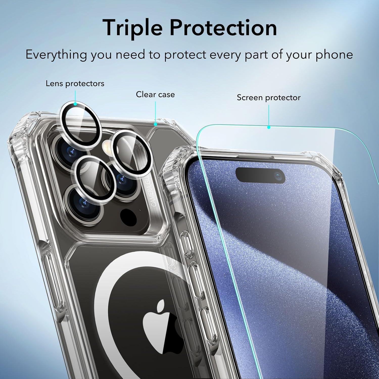 imageESR for iPhone 15 Pro Case Compatible with MagSafe Set with 2 Screen Protectors and Single Lens Protectors Air Guard Corners YellowingResistant Acrylic Back Air Armor Series Frosted BlackClear Set