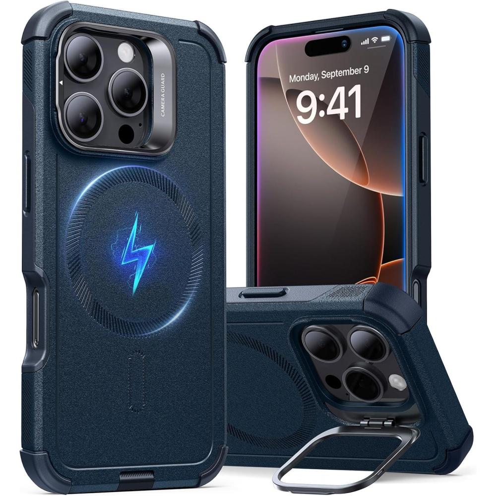 imageESR for iPhone 13 Pro Case with Stand 23 ft MilitaryGrade Drop Protection Heavy Duty Magnetic Phone Case Compatible with MagSafe Accessories Cyber Series BlackMagnetic StandNavy Blue