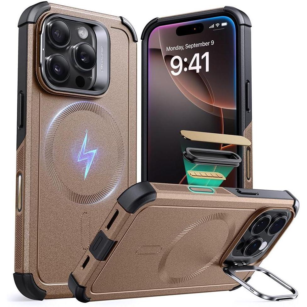 imageESR for iPhone 13 Pro Case with Stand 23 ft MilitaryGrade Drop Protection Heavy Duty Magnetic Phone Case Compatible with MagSafe Accessories Cyber Series BlackACamera ControlGold