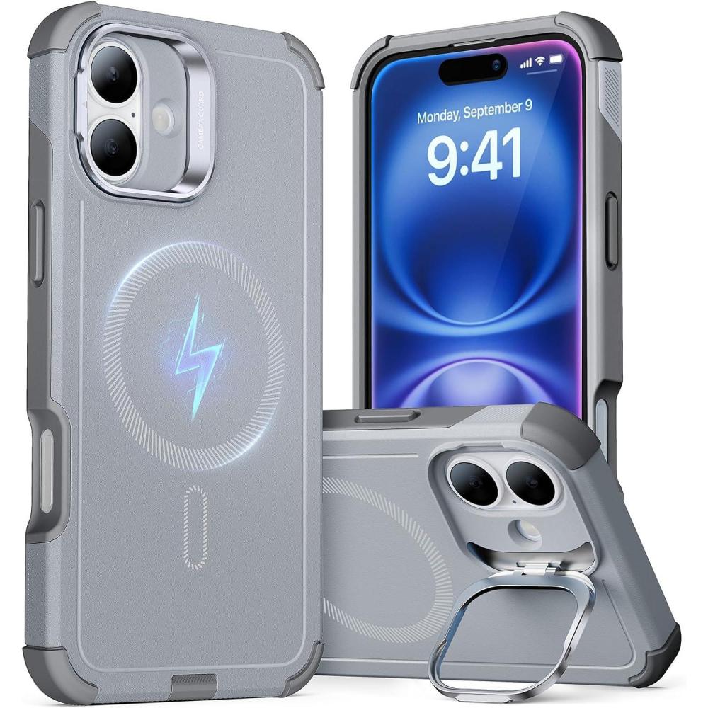imageESR for iPhone 13 Pro Case with Stand 23 ft MilitaryGrade Drop Protection Heavy Duty Magnetic Phone Case Compatible with MagSafe Accessories Cyber Series BlackMagnetic StandLight Grey