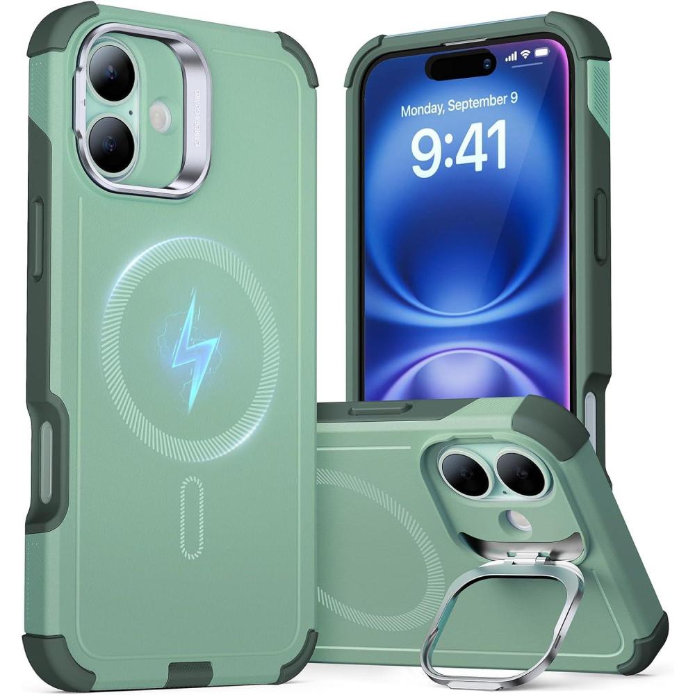 imageESR for iPhone 13 Pro Case with Stand 23 ft MilitaryGrade Drop Protection Heavy Duty Magnetic Phone Case Compatible with MagSafe Accessories Cyber Series BlackMagnetic StandLight Green