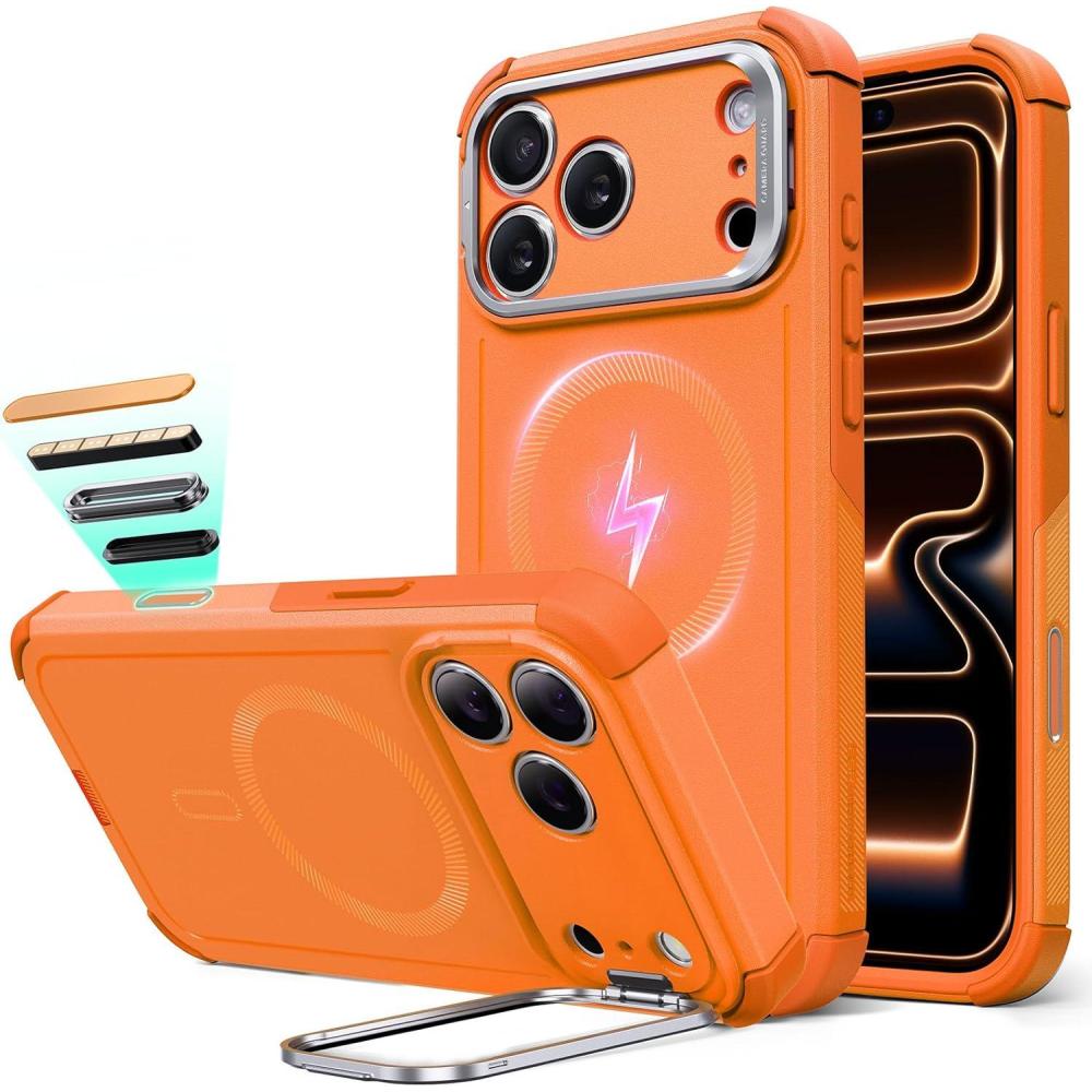 imageESR for iPhone 13 Pro Case with Stand 23 ft MilitaryGrade Drop Protection Heavy Duty Magnetic Phone Case Compatible with MagSafe Accessories Cyber Series BlackACamera ControlOrange