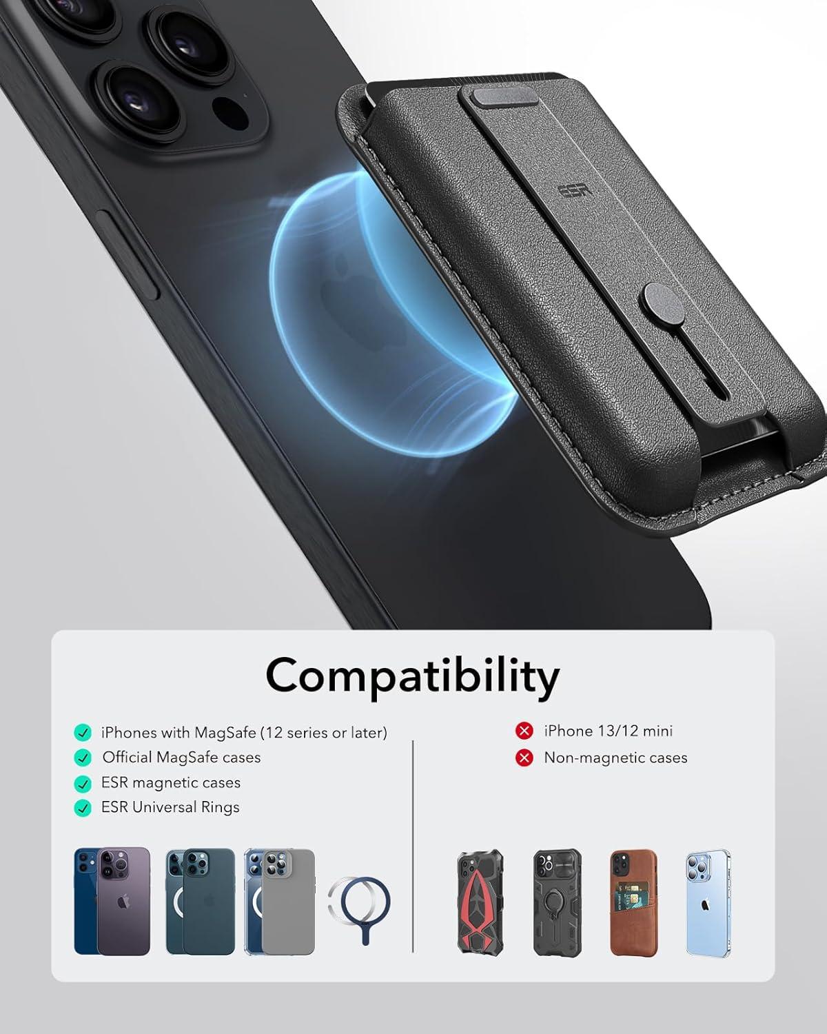 imageESR for MagSafe Wallet iPhone Wallet with 5Card Holder SecureGrip Finger Loop Magnetic Card Holder for iPhone 171615141312 Series Not for 1312 mini Vegan Leather Black
