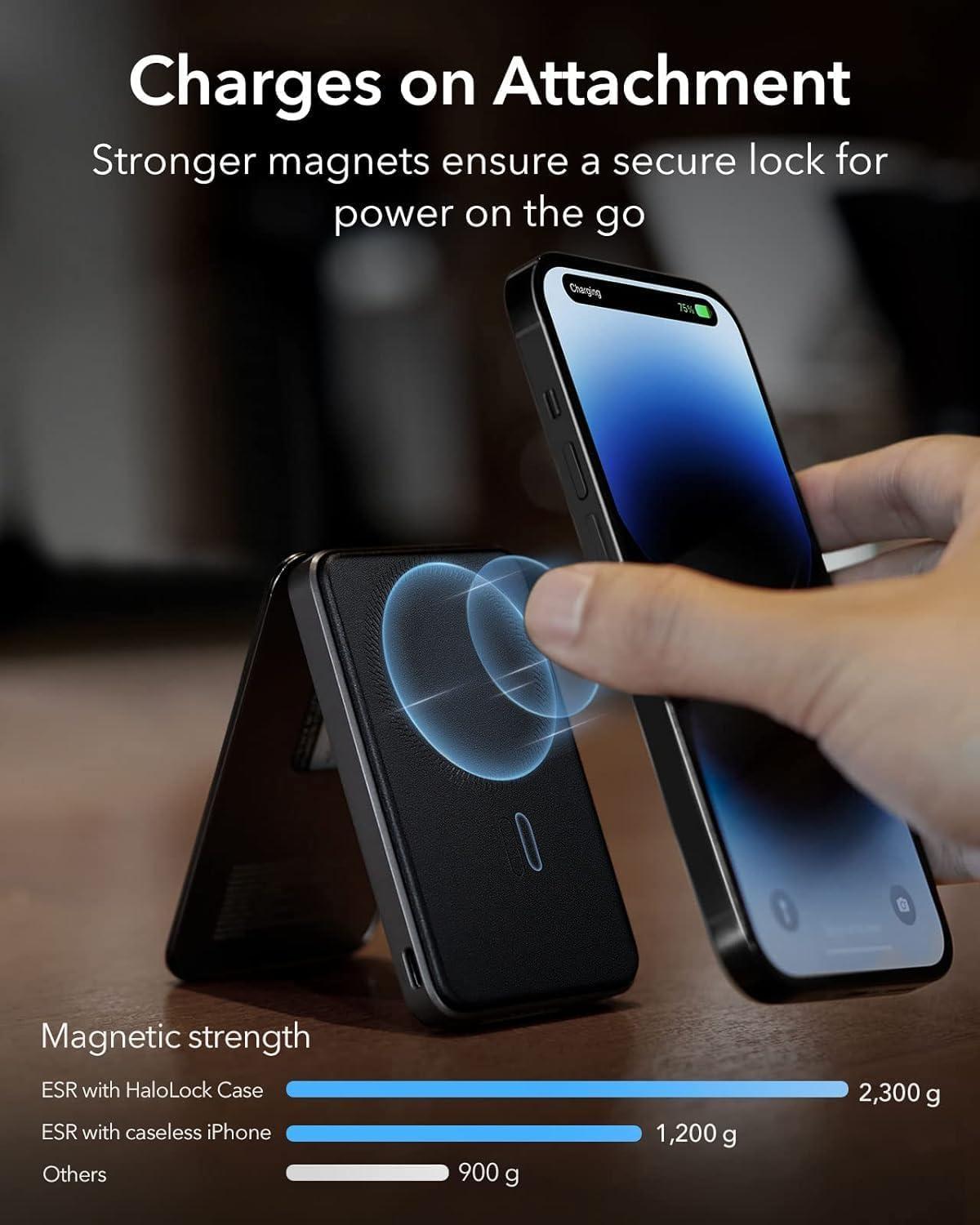 imageESR 5000mAh Wireless Power Bank Wallet with USBC Cable HaloLock Compatible with MagSafe Battery Pack Wireless Portable Charger Magnetic Wallet for iPhone 15141312 Except 1312 Mini Black