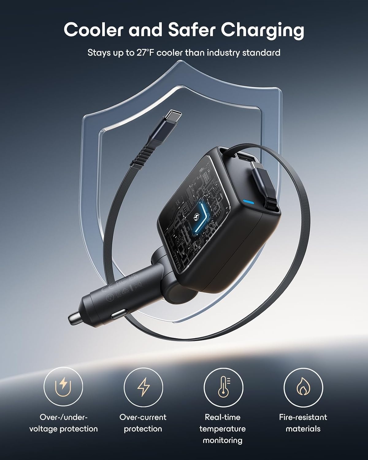 image:imageESR Xtend 100W Retractable Car Charger USBC amp USBA Fast Charge 3in1